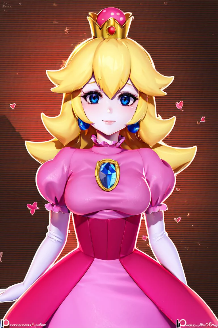 (masterpiece, best quality), 1girl, black outline, <lora:princesspeach-lora-nochekaiser:1> princess peach, smiling, blonde hair, blue eyes, long hair, crown, dress, gem, gloves, pink dress, puffy short sleeves, puffy sleeves, short sleeves, white gloves,
