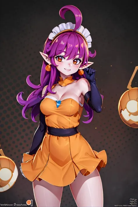 ((masterpiece,best quality)), absurdres, <lora:Stardust_Pumpkins_Citron_OC_Anime:0.6>, Stardust_Pumpkins_Citron_OC, 1girl, solo, long purple hair, orange eyes, ahoge, pointy ears, orange dress, elbow gloves, bare shoulders, maid headdress, jewelry, earrings, solo, smiling, looking at viewer, cowboy shot, cinematic composition, , contrapposto,