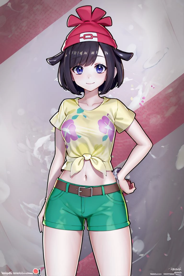 ((masterpiece,best quality)), absurdres, <lora:selene_(pokemon)_v1:0.7>, selene \(pokemon\), solo, grey eyes, black hair, green shorts, red headwear, beanie, shirt, tied shirt, floral print, short hair, short sleeves, short shorts, striped, yellow shirt, belt, midriff, solo, smiling, looking at viewer, cowboy shot, cinematic composition, contrapposto,