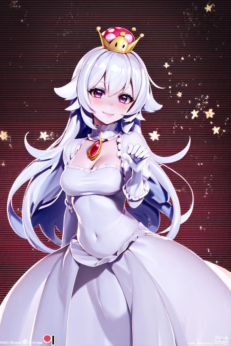 ((masterpiece,best quality)), absurdres, <lora:Boosette_Mario_Anime:0.7>, Boosette_Mario, 1girl, long hair, white hair, long white dress, ballroom dress, white gloves, solo, smiling, blushing, looking at viewer, cowboy shot, cinematic composition,
