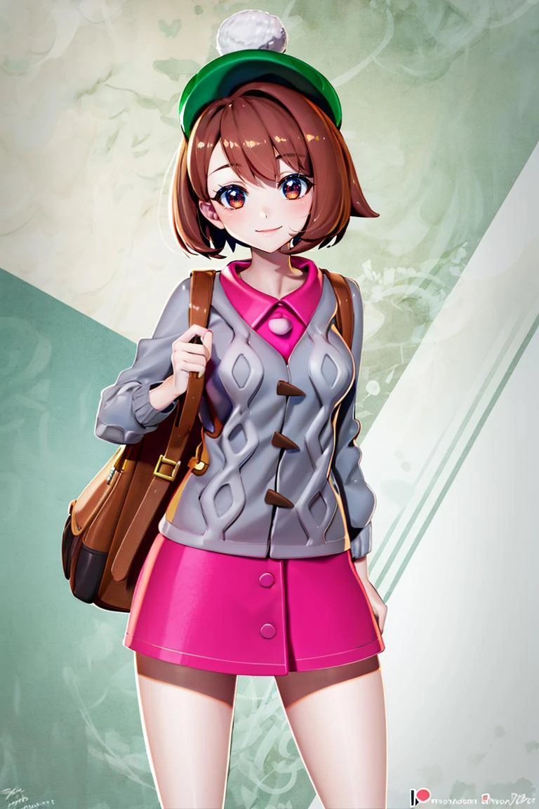 ((masterpiece,best quality)), absurdres, <lora:gloria_(pokemon)_v1:0.7>, gloria \(pokemon\), brown hair, solo, backpack, brown eyes, tam o' shanter, grey cardigan, pink dress, short hair, green socks, socks, brown bag, bob cut, bangs, long sleeves, collared dress, solo, smiling, looking at viewer, cowboy shot, cinematic composition, contrapposto,