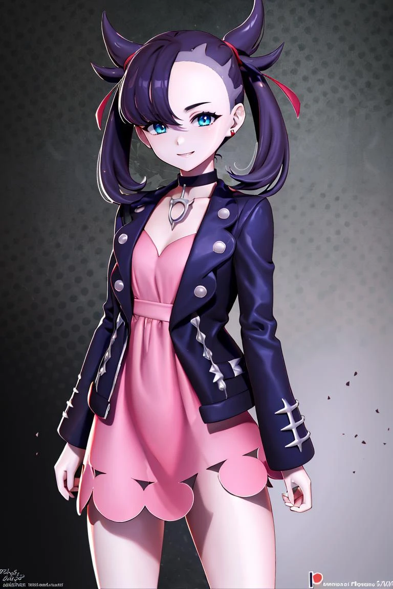 ((masterpiece,best quality)), absurdres, <lora:marnie_v1:0.8>, hmmarnie, aqua eyes, black choker, red ribbon, pink dress, jewelry, black jacket, open clothes, long sleeves, solo, smiling, looking at viewer, cowboy shot, cinematic composition, contrapposto,
