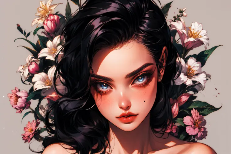 8k, solo, beautiful girl, black cat, makeup, blush, lipstick, red lips, portrait, realistic, green eyes, looking at the viewer, painting, butterflies, bikini