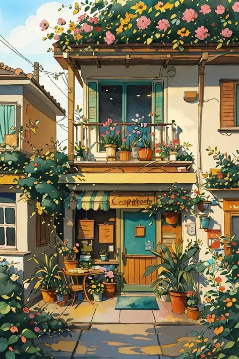 JZCG021,Flower store,coffee spot,tables,chairs,no one,windows,flowers,plants,potted plants,watercolor (medium),landscapes,doors,air conditioning,paintings (medium),traditional media,houses,outdoors,balconies,architecture,masterpiece,best quality,high quality,<lora:JZCG021-Comic building:0.8>,Botanical,, masterpiece,best quality,high quality, <lora:GoodHands-vanilla:1>,