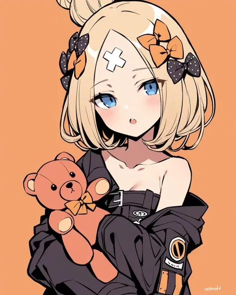 masterpiece, best qualityï¼
<lora:AB:1>,1girl, abigail williams (fate), abigail williams (traveling outfit) (fate), official alternate costume, orange bow, bow, teddy bear, stuffed toy, stuffed animal, single hair bun, solo, blue eyes, sleeves past fingers, blonde hair, long hair, hair bow, hair bun, tentacles, parted bangs, polka dot bow, sleeves past wrists, bangs, jacket, black bow, looking at viewer, polka dot, collarbone, black jacket, long sleeves, crossed bandaids, bandaid, orange background, object hug, small breasts, simple background, breasts, suction cups, blush, parted lips, bandaid on forehead, open mouth, holding stuffed toy, open clothes, forehead, bandaid on face, signature, :o, bare shoulders, artist name, high collar, holding, upper body, teeth, multiple hair bows, open jacket, web address, belt, off shoulder,