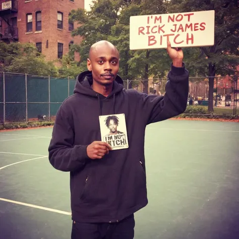 On public basketball courts in New York City, chappelle person is playing holding a sign that says /"I'm NOT Rick James Bitch"/ <lora:Young Dave Chappelle SDXL- Trigger is Chappell Person:1>