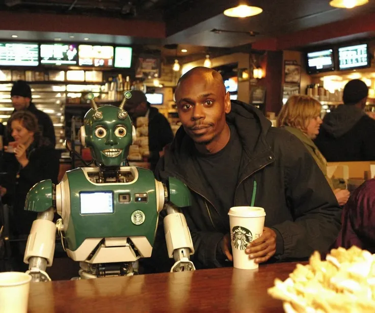 chappelle person at Starbucks with a robot dressed in women's clothing.   <lora:Young Dave Chappelle SDXL- Trigger is Chappelle Person:1>