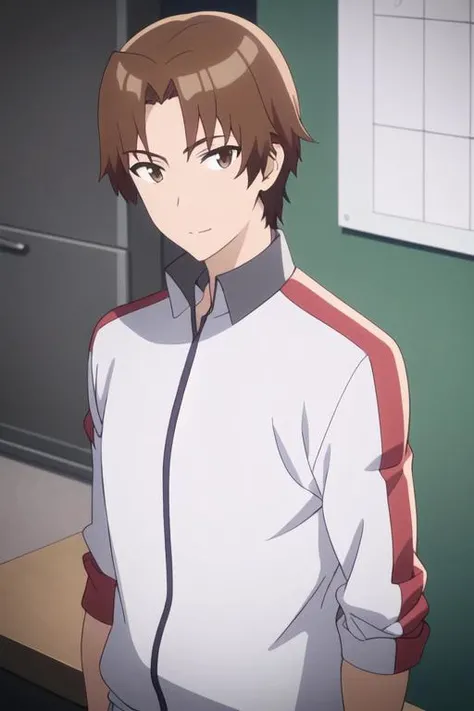 masterpiece, best quality, ultra-detailed, illustration, 1boy, solo, male focus, looking at viewer, upper body, , <lora:tetsuhiko_kai:0.76>, tetsuhiko_kai, brown hair, brown eyes, track suit