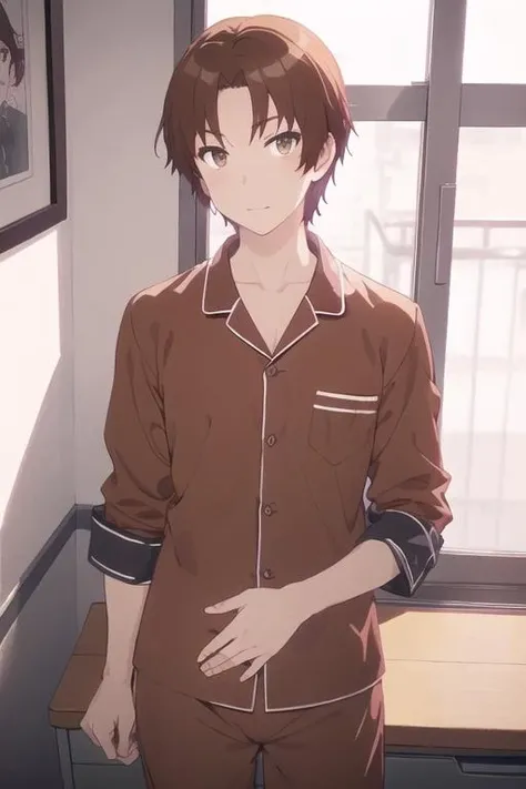 Masterpiece, High quality, High quality of art, best quality, anime lineart, 1man, fluffy brown hair, gray-green-brown eyes, Skinny, white Hawaiian shirt, light lime t-shirt, white shorts, dark green slippers, black shoulder bag