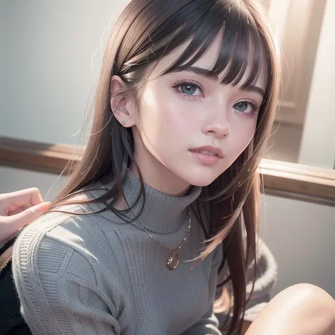 (RAW photo:1.2), (photorealistic:1.4),(masterpiece:1.3),(best quality:1.4), dreamlike, (detailed eyes),(detailed facial features), (detailed clothes features), skin tight, (shiny skin),(slender girl),(slim girl), 1girl, ((full body)),solo, cute, innocent, smlie, <lora:virtualgirlAim_v20:0.8>,VirtualGirl-Aim, (medium breasts), bangs, straight hair, long hair, black hair, black eyes, crystal pendant, grey sweater,hip skirt,high-heeled shoes,