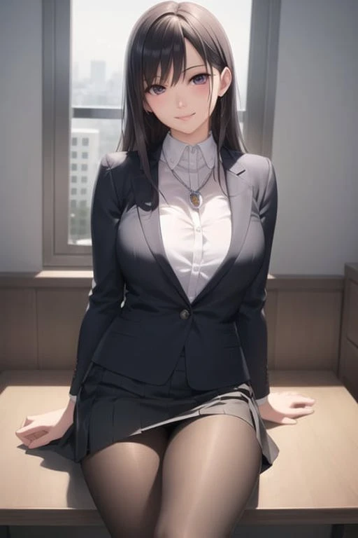 (RAW photo:1.2), (photorealistic:1.4),(masterpiece:1.3),(best quality:1.4),ultra high res,(detailed eyes),(detailed facial features),(detailed clothes features),HDR,8k resolution, solo focus, bangs, skin tight, (shiny skin),(slender girl),dreamlike,
(extreme detailed illustration),check commentary,commentary request,scenery,no text,
<lora:VirtualGirl-Aim:0.3>,VirtualGirl-Aim, (smile), (medium breasts), bangs, straight hair, long hair, black hair, black eyes, crystal pendant,
1girl, (solo),gentle,cute, innocent,
Office suit,skirt,Pantyhose,high-heeled shoes,