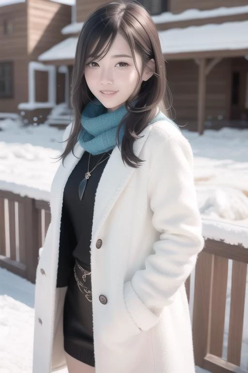 (RAW photo:1.2), (photorealistic:1.4),(masterpiece:1.3),(best quality:1.4),ultra high res,(detailed eyes),(detailed facial features),(detailed clothes features),HDR,8k resolution, solo focus, bangs, skin tight, (shiny skin),(slender girl),dreamlike,
(extreme detailed illustration),check commentary,commentary request,scenery,no text,
<lora:VirtualGirl-Aim_v2:0.5>,VirtualGirl-Aim, medium breasts, straight hair, long hair, black hair, black eyes,
1girl, upper body,
crystal pendant,
Long blue scarf,
White long wool coat,
Black thick pantyhose,
Brown snow boots,
(smile),