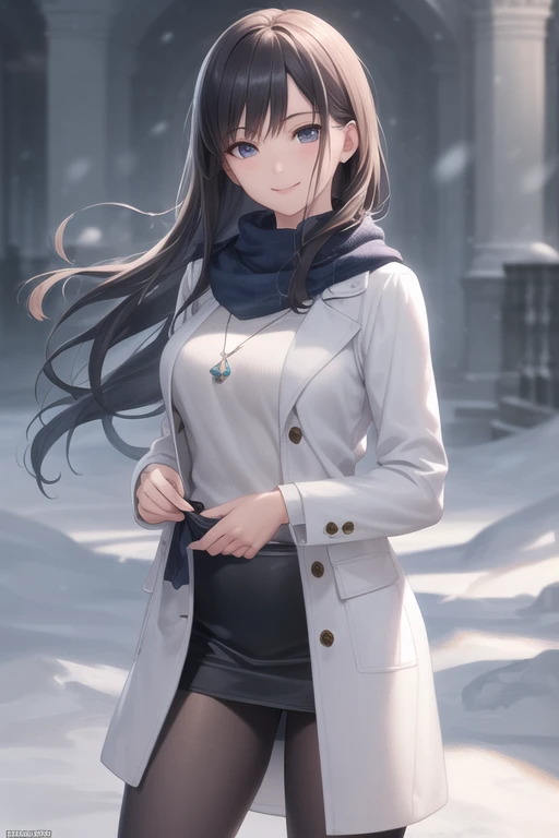 (RAW photo:1.2), (photorealistic:1.4),(masterpiece:1.3),(best quality:1.4),ultra high res,(detailed eyes),(detailed facial features),(detailed clothes features),HDR,8k resolution, solo focus, bangs, skin tight, (shiny skin),(slender girl),dreamlike,
(extreme detailed illustration),check commentary,commentary request,scenery,no text,
<lora:VirtualGirl-Aim:0.3>,VirtualGirl-Aim, (smile), (medium breasts), bangs, straight hair, long hair, black hair, black eyes, crystal pendant,
1girl, (solo),gentle,cute, innocent,
Long blue scarf, White long wool coat,long sweater,Black thick pantyhose,Brown snow boots,