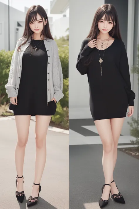 (RAW photo:1.2), (photorealistic:1.4),(masterpiece:1.3),(best quality:1.4),
dreamlike,
(detailed eyes),(detailed facial features), (detailed clothes features),
skin tight, (shiny skin),(slender girl),(slim girl),
1girl, ((full body)),
cute, innocent, smlie,
<lora:VirtualGirl-Aim:0.3>,VirtualGirl-Aim, (medium breasts), bangs, straight hair, long hair, black hair, black eyes, crystal pendant,
grey long sweater,high-heeled shoes,
