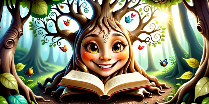 A ((whimsical magical tree reading a book))(whimsical happy tree face) to a small group of forest creatures the sun shining down brightly through the forest canopy <lora:illusionix:0.8> illusionix, illusion