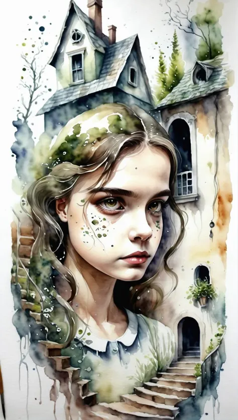 illusionix hous, girl, watercolor<lora:illusionix:1>