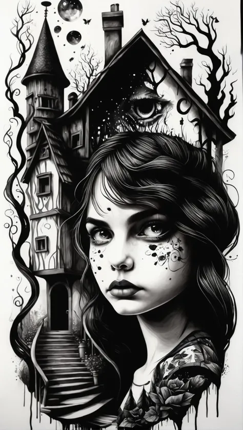 illusionix hous, girl, black ink<lora:illusionix:1>