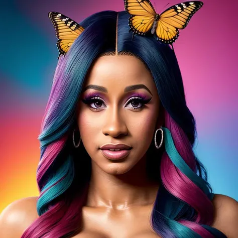 full body portrait of a gorgeous young cardib, A highly detailed and hyper realistic lisa frank, trending on artstation, butterflies, floral, sharp focus, studio photo, intricate details, highly detailed, by Tvera and wlop and artgerm, alberto seveso and geo2099 style