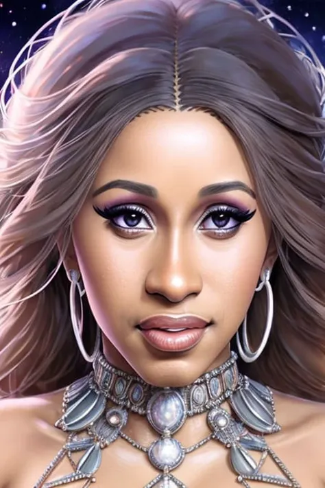ultra realistic photo portrait of (cardib:1.2) cosmic energy, colorful, painting burst, beautiful symmetrical face, nonchalant kind look, realistic round eyes, tone mapped, intricate, elegant, highly detailed, digital painting, artstation, concept art, smooth, sharp focus, illustration, dreamy magical atmosphere, art by artgerm and greg rutkowski and alphonse mucha, 4k, 8k, perfect hands, extreme high quality, highest quality, hasselblad photo