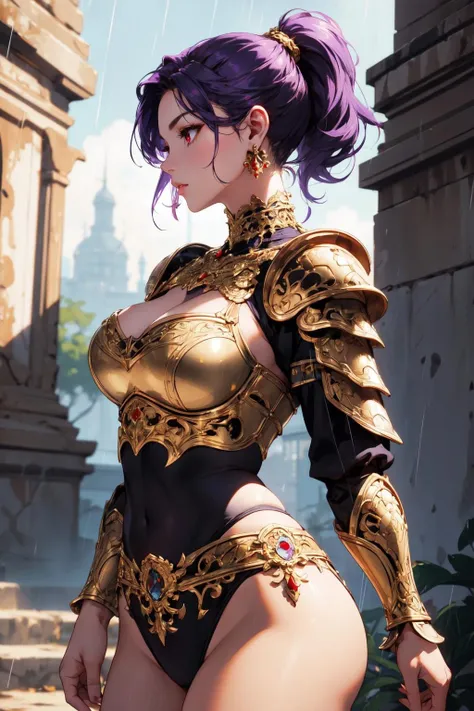 (intricate details),
sunlight, depth-of-field,
cowboy shot, from side
BREAK
1girl, walking,
(curvy body), slim waist, wide hips, large thighs,
purple hair, high ponytail hair, red eyes,
(ornate armour), golden knight armour,
(ornate jewellery), golden earrings
BREAK
ruins, jungle, rain