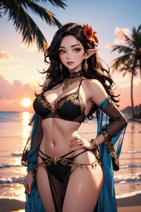 (intricate details),
sunlight, depth-of-field,
cowboy shot
BREAK
1girl, contrapposto, hands on own hips,
(curvy body), slim waist, wide hips, large thighs,
black hair, long curly hair, brown eyes, pointy ears,
(ornate attire), frilled bikini, see-through sarong,
(ornate jewellery), hair flower, lace-trimmed choker
BREAK
beach, palm trees, (sunset)