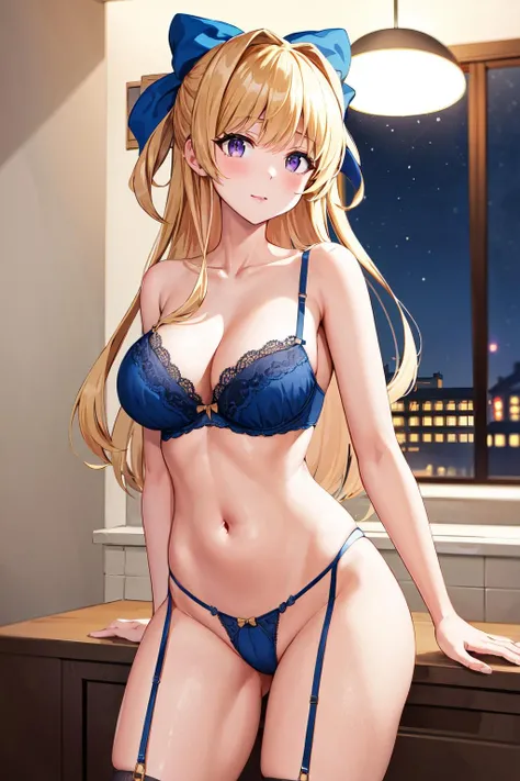 masterpiece, best quality, highres, aarista, long hair, blonde hair, hair bow, blue bow, <lora:ristarte_v1:0.7>, lingerie, bra, thong, night, indoors