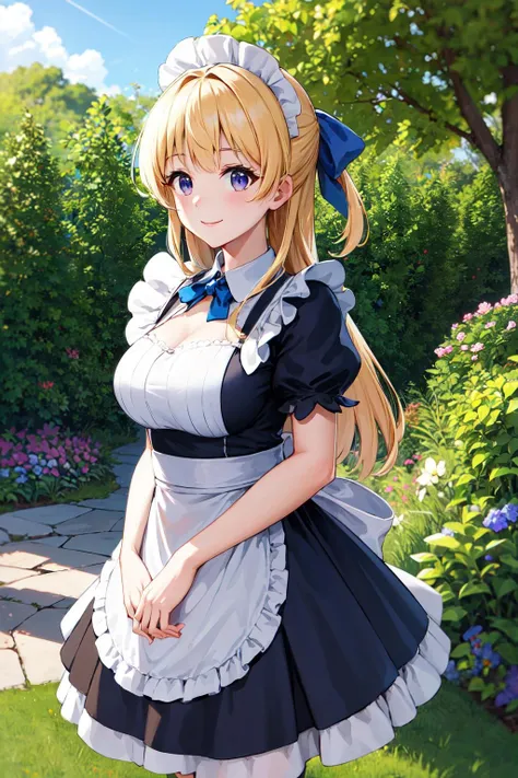 masterpiece, best quality, highres, aarista, long hair, blonde hair, hair bow, blue bow, <lora:ristarte_v1:0.7>, maid, maid headdress, outdoors, garden, smile, cowboy shot,