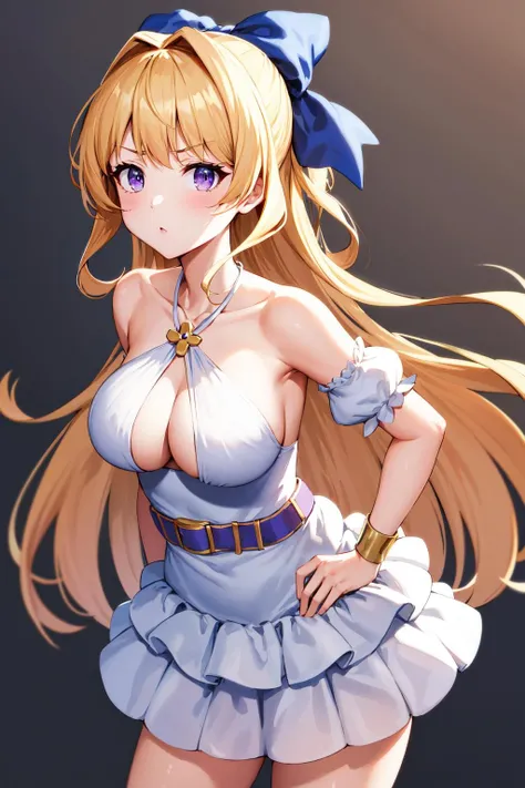 masterpiece, best quality, highres, aarista, long hair, blonde hair, hair bow, blue bow, bare shoulders, halterneck, cleavage, white dress, detached sleeves, bracelet, purple belt, <lora:ristarte_v1:0.7>, standing, hand on hip, looking at viewer, serious,