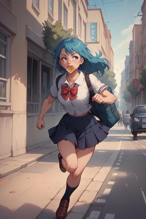 score_9, score_8_up, 1girl, solo <lora:mfcgXL:1> schoolgirl uniform, running, toast in mouth, street, crowd