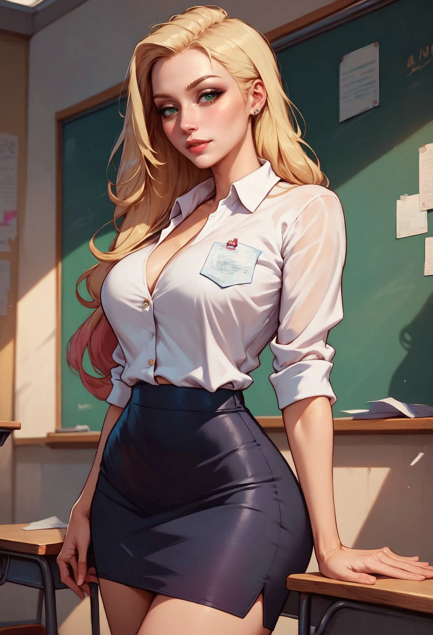 score_9, score_8_up, score_7_up, 1girl, teacher, white knotted shirt, black pencil-skirt, classroom, posing, blonde hair, long hair <lora:sdxl\mfcgXL:0.8>