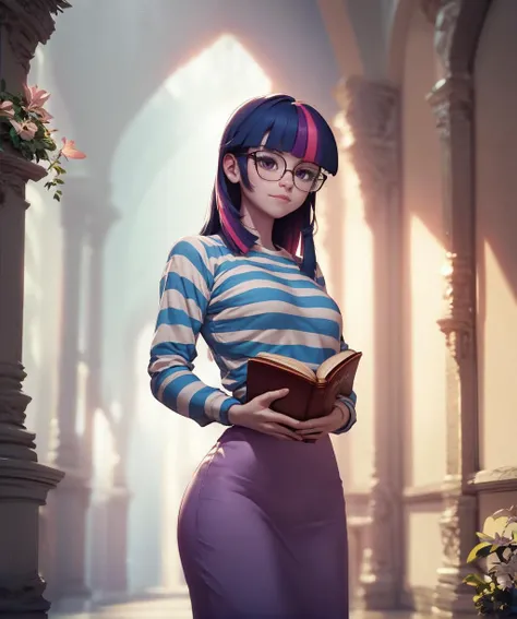 score_9, score_8_up, score_7_up, score_6_up, score_5_up, score_4_up, source_anime, rating_suggestive, (twilight sparkle, pale skin),glasses,striped shirt, shirt, holding book,masterpiece,elegant, detailed soft lighting, outdoors,<lora:mfcgXL:1>