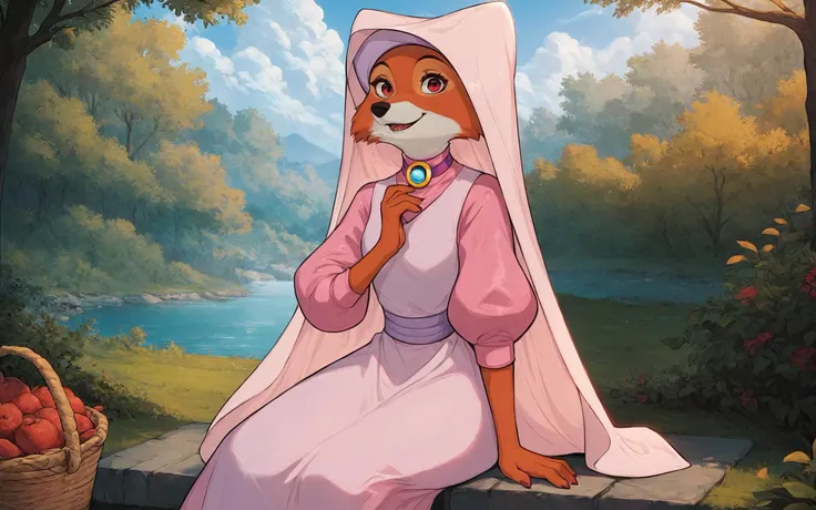 score_9, score_8_up, score_7_up, score_6_up, score_5_up, score_4_up, 1girl, <lora:Maid_Marian_XL-000002:0.8>, maid_marian, orange fur, <lora:xl_more_art-full_v1:0.8>, female, wearing pink dress, pink headwear, fully clothed, looking at viewer, perfect red eyes, sitting at picnic with viewer in forest park, rating: questionable, rating: explicit, clear image, HD image, exquisite detail, brilliant color schemes, shaded perfectly, cinematic, 4k, Ultra HD 32k