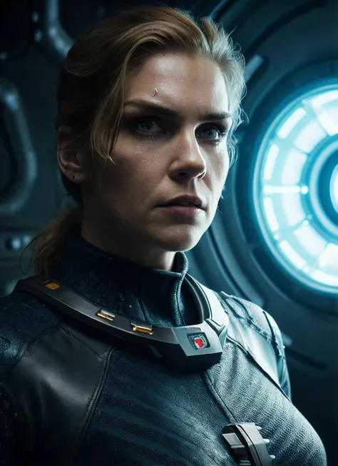 close up photo of sks woman, rugged space trucker, inside industrial spaceship, futuristic science fiction, action scene, digital concept art, realistic, intricate detailed textures, filmic, cinematic, environmental character portrait, <lora:locon_rhea_v1_from_v1_64_32:1.25>