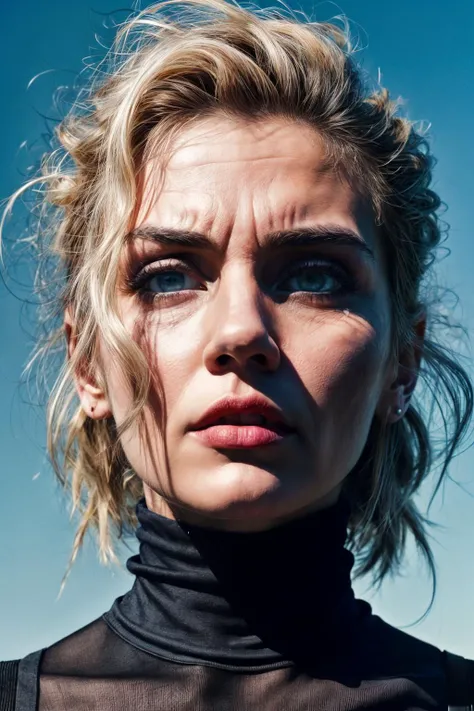 <lyco:Rhea:1.0>, (sks woman:1), intense expression, emotionally captivating, fierce gaze, piercing blue eyes, wearing a black turtleneck, epic character composition, by Flora Borsi, Bella Kotak, Nina Masic, sharp focus, natural lighting, subsurface scattering, ultra-detailed artwork, evokes a sense of strength and resilience, (masterpiece, exceptional:1.1)