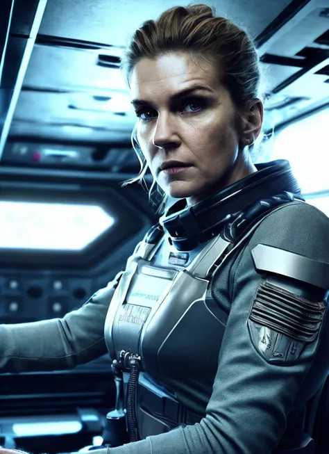 close up photo of sks woman, rugged space trucker, inside industrial spaceship, futuristic science fiction, action scene, digital concept art, realistic, intricate detailed textures, filmic, cinematic, environmental character portrait, <lora:locon_rhea_v1_from_v1_64_32:1.25>