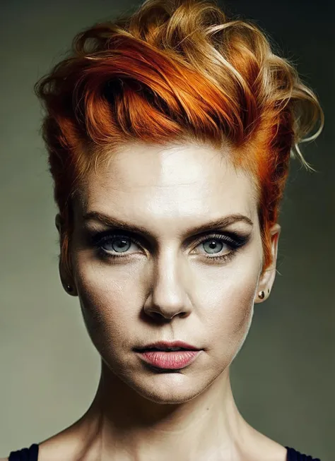 portrait of sks woman by Flora Borsi, style by Flora Borsi, bold, bright colours, orange Mohawk haircut, ((Flora Borsi)), <lora:locon_rhea_v1_from_v1_64_32:1.25>