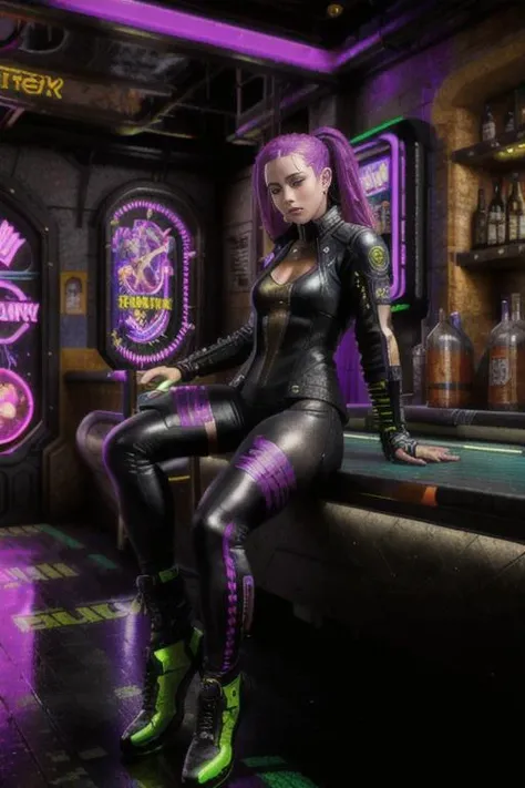 a photo of a cyberpunk razorgirl, (1girl), (wearing long gloves, leggings, leather jacket, leotard), located (in a bar:1.2), sitting, pinball, (25 years old), ((detailed face)) (full body:1.2), <lora:cyberpunk:0.7> <lora:add_detail:0.4>