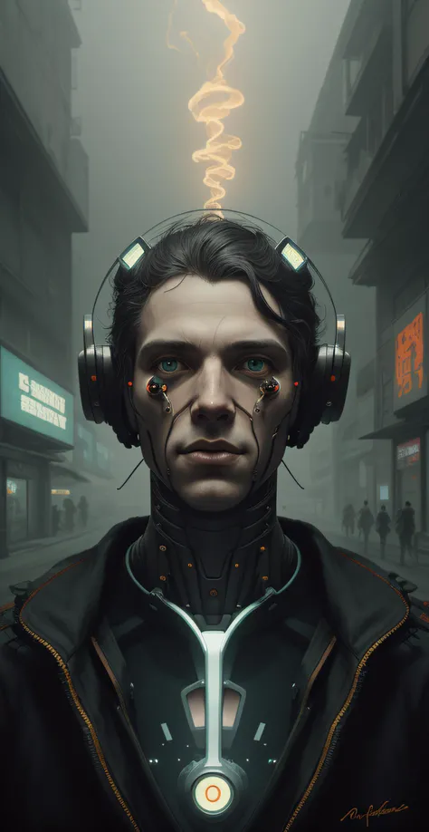 nousr robot (half human man:0.8),4k,fog,long hair,cinmatic,highly detailed by,cyberpunk style,seb mckinnon 
and peter mohrbacher,inspire of,<lora:add-detail-xl:0.9>, <lora:cyberpunk:0.3>