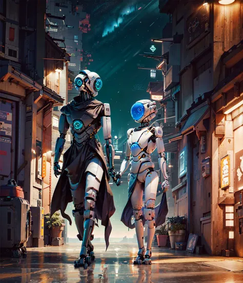 cyberfusion,(best quality, masterpiece, 8k, super detailed, super beautiful: 1.3), depth of field, detailed and delicate eyes,
(((robots))), androgynous-looking men,
Beautiful short hair, super cute robot, white tone, superb, extra fine, very thin, delicate background,
Street corners at night, Shibuya, Harajuku,
,<lora:cyberfusion_3Drender:0.85>