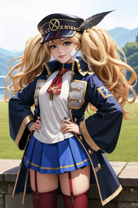 (masterpiece, best quality:1.2), <lyco:gbf_weisswind-12:1.0>, cowboy shot, solo, 1girl, weisswind, smile,  looking at viewer, hand on hip, twintails, peaked cap, hat feather, green eyes, coat, shirt, blue skirt, thighhighs, boots, bandaid on face