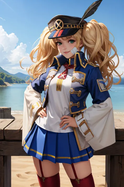 (masterpiece, best quality:1.2), <lyco:gbf_weisswind-12:1.0>, cowboy shot, solo, 1girl, weisswind, smile, looking at viewer, hand on hip, twintails, peaked cap, hat feather, green eyes, coat, shirt, blue skirt, thighhighs, boots, bandaid on face