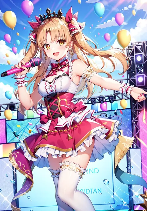 masterpiece, best quality, high resolution,
CEFS, IdolDress, 1girl, breasts, microphone, holding, solo, holding microphone, smile, open mouth, sky, blue sky, :d, day, balloon, looking at viewer, cloud, outdoors, white shirt, medium breasts, upper teeth only, ahoge, cleavage, brown eyes, yellow eyes, teeth, hair bow, standing
<lora:FGOEreshkigalv2:0.8>