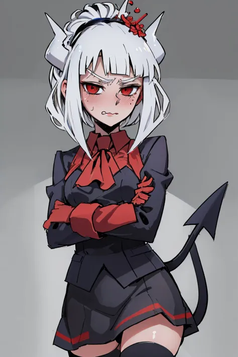 (masterpiece, best quality:1.2), solo, 1girl, htluciferdef, blush, wavy mouth, looking at viewer, crossed arms, htmaid, red ascot, thighhighs, demon tail <lora:helltaker_lucifer-17:0.8> <lora:attire_helltaker_maid-11:1>