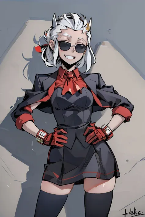 (masterpiece, best quality:1.2), solo, 1girl, htjusticedef, grin, hand on hip, horns, sunglasses, htmaid, red ascot, thighhighs <lora:helltaker_justice-17:0.8> <lora:attire_helltaker_maid-11:1>