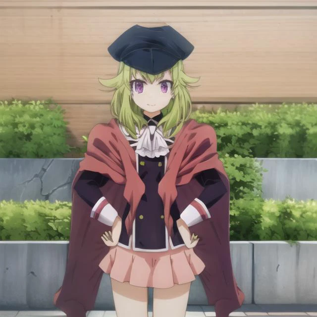 agastya-akashic, mini skirt jacket hat cape, green hair, full body, solo, 1girl, outdoors <lora:agastya-akashic-000007:1.0>