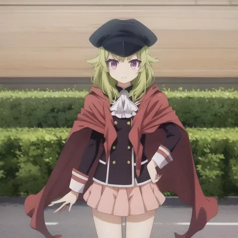 agastya-akashic, mini skirt jacket hat cape, green hair, full body, solo, 1girl, outdoors <lora:agastya-akashic-000007:0.7>