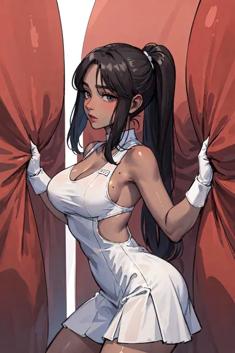 ((<lora:inside_creature_v0.1:1>, inside creature)), ((masterpiece:1.2, best quality)), ultra detailed, Ultra-precise depiction, Ultra-detailed depiction, cowboy shot, (front view:1.2), pointy hair, (tennis dress:1.2), 1lady squeezed inside a creature, (tan, shiny skin), many colors