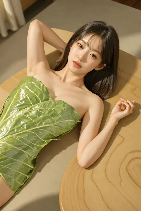 <lora:vegetable_clothes:0.6>, best quality, masterpiece, illustration, (realistic, photo-realistic:1.37), amazing, finely detail, incredibly absurdres, huge filesize, ultra-detailed, highres, extremely detailed CG unity 8k wallpaper, ray tracing, nsfw, 1girl, young korean woman, bottomless, on back, A girl lying on a wooden dining table, covered with cabbage leaves. The head, hands, feet, shoulders, chest, and thighs are exposed. Ketchup is used to decorate the cabbage leaves. Other food is also on the table.