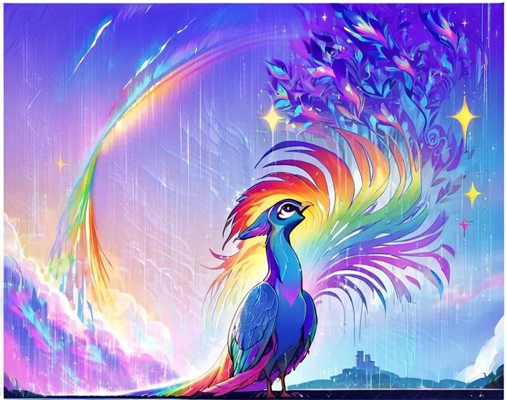 score_9, score_8_up, score_7_up, score_6_up, score_5_up, score_4_up, 
peacock, score_9, rainbow, no humans, bird, colorful, rain,  solo, animal focus, border, sparkle, sky, looking up, animal, outdoors
, <lora:peacock_pony:0.8>