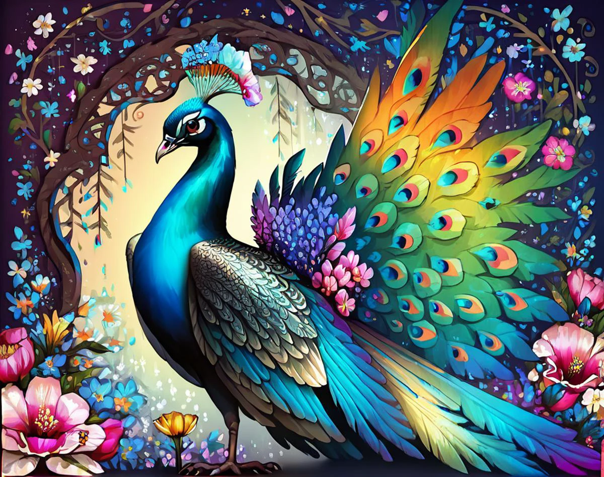 score_9, score_8_up, score_7_up, score_6_up, score_5_up, score_4_up,
peacock, no humans, bird, solo, animal focus, colorful, wings, flower
, <lora:peacock_pony:0.8>